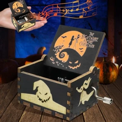 Image of FFTANXS NIGHTMARE BEFORE Music box,Nightmare CHRISTMAS Hand Crank Box,Gothic Gifts Wooden Box Suitable for Halloween,Music Playing Melody THIS