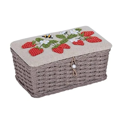 Image of Hobby Gift Small Sewing Craft Storage Box, Wicker Basket with Appliqué Design, Natural Strawberries