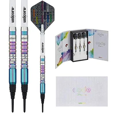 Image of Unicorn Unisex Dimitri Van Den Bergh Code 90% Tungsten Soft Tip Darts, Multi Colour, 22G UK