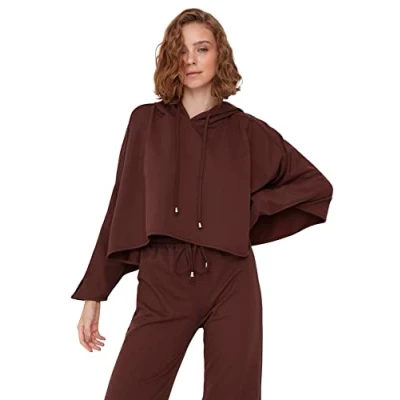 Image of Trendyol Women Loungewear Regular Basic Hood Knit Sweatshirt Brown