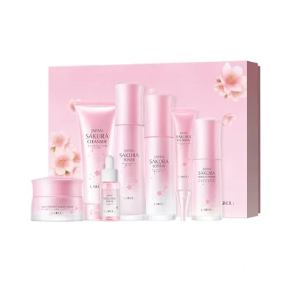 Image of LAIKOU Japan Sakura Skincare Set, Luxury Facial Kit for Women Teenage Girls, Moisturizing &amp; Anti Aging Gift Set Cleanser, Toner, Lotion, Serum, Eye Cream, Face Makeup Primer, 7pcs