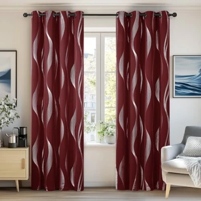 Image of Deconovo Decorative Silver Wave Line Foil Printed Blackout Curtains Thermal Insulated Eyelet for Living Room 46 x 90 Inch Red 2 Panels
