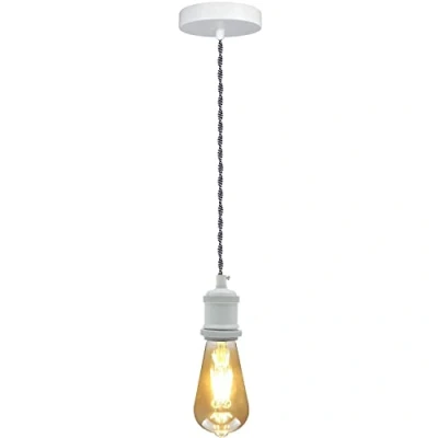 Image of LEDSone White Vintage Metal Ceiling Pendant Light Fitting, Grey Twisted Braided Flex 1m Cable, E27 Lamp Holder Suspended Fitting Kit for Indoor Lightings