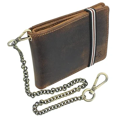Image of VISCONTI Leather Biker Wallet with Security Chain RFID Plus Tap and Go CHN Oil Tan Elastic