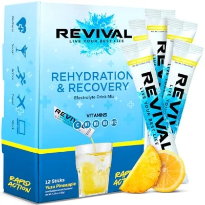 Image of Revival Rapid Rehydration, Electrolytes Powder High Strength Vitamin C, B1, B3, B5, B12 Supplement Sachet Drink, Effervescent Electrolyte Hydration Tablets 12 Pack Yuzu Pineapple