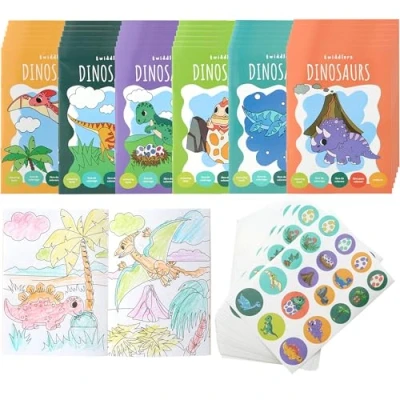 Image of THE TWIDDLERS 36 Mini Colouring Books for Party Bags, with Stickers Dinosaur Theme, A6 Children, Age 4 8, Perfect Small Bag Fillers Favours