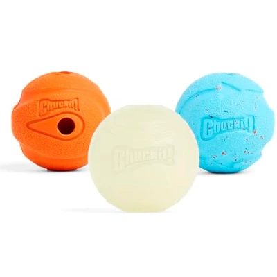 Image of ChuckIt! Fetch Medley Gen 1 Rubber Dog Balls, The Whistler, Max Glow &amp; Rebounce Balls for Dogs, Durable High Bounce Launcher Compatible Toy, Medium, 3 Pack
