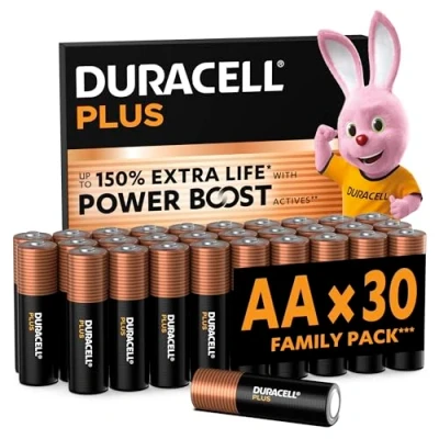 Image of DURACELL Plus AA Batteries (30 Pack) Alkaline 1.5V Up to 150% Extra Life with POWER BOOST Actives Reliability For Everyday Devices 0% Plastic Packaging 10 Year Storage LR6 MN1500
