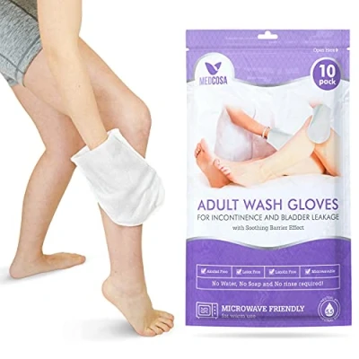 Image of Medcosa Adult Washcloths Unique Disposable Body Wipes Shaped Like a Glove Unscented, Premoistened Wet Pack of 10 Wash Cloths