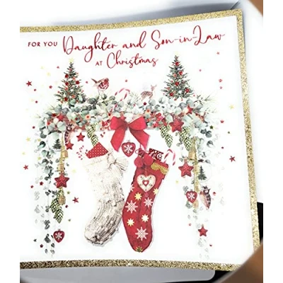 Image of Christmas card for Daughter and son in law, festive stockings. Large