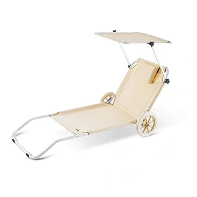 Image of CASARIA Crete Beach Sunlounger Foldable UV Resistant With 2 Wheels Converts To Trolley Headrest Sun Shade Canopy Garden Patio Lounger Folding 115kg Load Capacity Aluminium Frame Beige