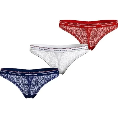 Image of Tommy Hilfiger Women&#039;s 3 Pack Thong Lace (Ext Sizes) Uw0uw04896 Thongs, Multicolour (Desert Sky/White/Primary Red), S