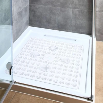 Image of Tatkraft Shell Non Slip Shower Mat, 48x48cm, Mildew Resistant, Machine Washable, White