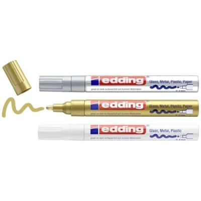 Image of edding 750 gloss paint marker white, gold, silver set of 3 markers round nib 2 4 mm pen for glass, pebbles, wood, plastic, paper waterproof, high coverage