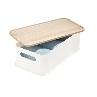 Image of iDesign Drawers Unit, Medium Box BPA Free Recycled Handles, Plastic Storage Bin with Paulownia Wood Lid, White, Polypropylene, Coconut, 13.6 x 21.6 43.2 cm