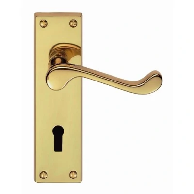 Image of Victorian Scroll Polished Brass Lever Lock Door Handles 150 x 40mm