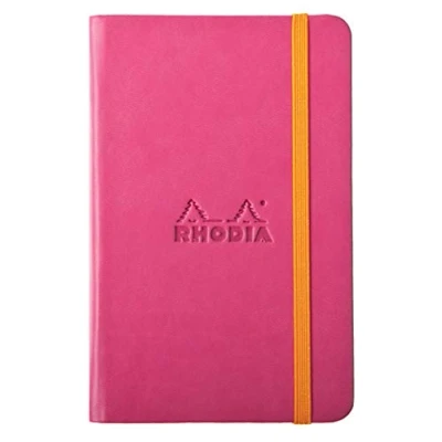Image of RHODIA 118632C Raspberry Hardcover Notebook A6 192 pages Plain Ivory Clairefontaine Paper 90 g/m Bookmark, Elastic Closure Faux Leather Cover Rhodiarama Collection
