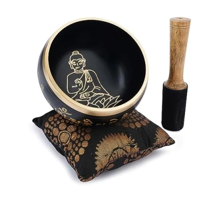 Image of Ajuny Tibetan Singing Bowl Set Handcrafted Meditation Brass Sound with Stick and Cushion for Yoga, Chakra Healing, Mindfulness Stress Relief Spiritual Gifts Black