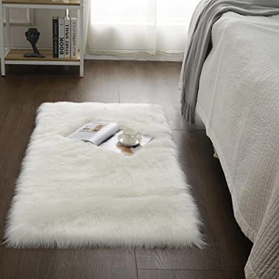 Image of Cumay Super Soft Fluffy Faux Sheepskin Rug, Shaggy Silky Plush Carpet For Bedrooms Rugs Living Room Kids Rooms Decor Bedside (27.5 x 53.1 inch, White)