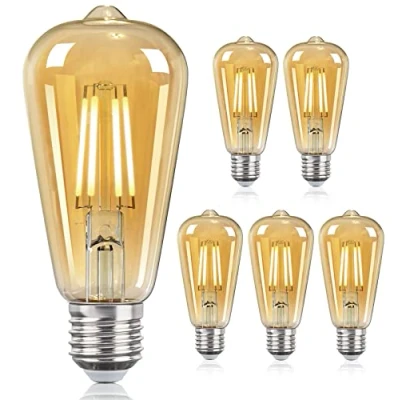 Image of DGO E27 LED Bulb, Dimmable Energy Saving Vintage Light Bulbs, ST64 Screw Edison Bulbs 9W (Equivalent to 100W), Warm White, Amber Glass, 6 Pack