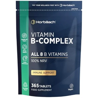 Image of Vitamin B Complex 365 Tablets 100% NRV of All Vitamins B1, B2, B3, B5, B6, B12, Folic Acid and Biotin Vegan Supplement by Horbaach