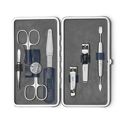 Image of nippes Solingen Manicure Set Vintage, 7 Piece Antique Cowhide Nail with Frame, Soft Suede Inside, Made in Germany, Care Nickel Plated Instruments