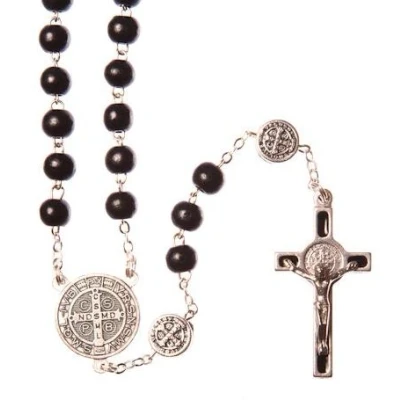 Image of Rosary Saint Benedict Beads.St Cross. Medals. St of Benedict. Black Wood Rosaries.