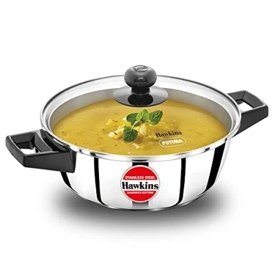 Image of Hawkins 2 Litre Cook n Serve Casserole, Stainless Steel Saucepan with Glass Lid, Induction Pan, Sauce Pan for Cooking and Serving, Black (SSCB20G)