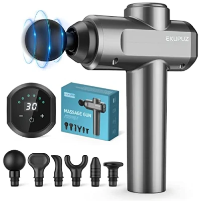 Image of Massage Gun Deep Tissue, EKUPUZ Muscle Gun, 30 Speeds Powerful Percussion Massager with 6 Heads, LCD Touch Screen, Handheld for Pain Relief, Fitness Recovery, Grey, 1.0 count