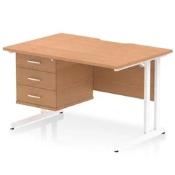 Image of Impulse 1200 x 800mm Scalloped Edge Straight Office Desk Oak Top White Cantilever Leg Workstation 1 3 Drawer Fixed Pedestal