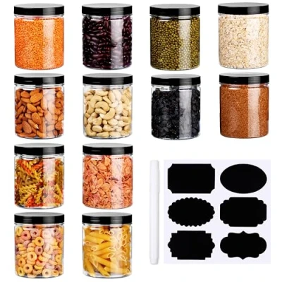 Image of BELLE VOUS 12 Pack of Clear Plastic Storage Jars with Lids, Labels &amp; Pen 500ml/17oz Reusable Airtight Containers Refillable for Kitchen Dry Food Storage, Spices, Peanuts and Craft Supplies
