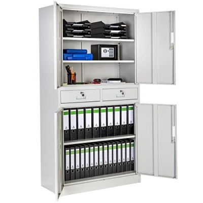 Image of TecTake® Lockable Filing Cabinet in Robust Steel with 2 Drawers, Compartments Adjustable Shelves, Easy Assembly, Reinforced Hinged Doors &amp; 4 Locks Home Office Storage Light Grey