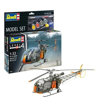 Image of Revell Model Set 63804 Alouette II 1:32 Scale Unbuilt/Unpainted Plastic Kit with Contacta Professional Glue, Paintbrush &amp; Selected Aqua Color Paints