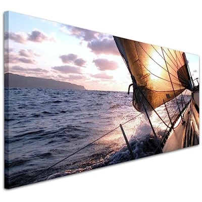 Image of Wallfillers Sailing Boat and Blue Sea Canvas Wall Art Print 1096 118x49cm