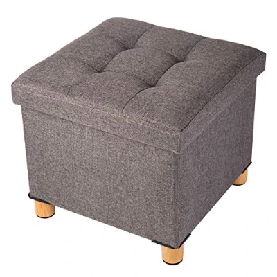 Image of BRIAN &amp; DANY Folding Ottoman Storage Box with Wood Legs, Linen Foot Stool, Footstool Storage, Highly Elastic Sponge Filling, Brown, 38 x cm