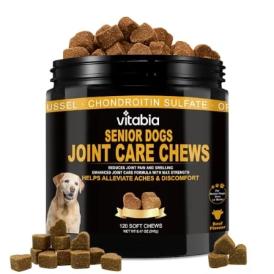 Image of Senior Dog Joint Care Supplements With Glucosamine and Chondroitin High Strength, Turmeric, Salmon Oil For Dogs Omega 3, Vitamin E Green Lipped Mussel Treats (120 Count)