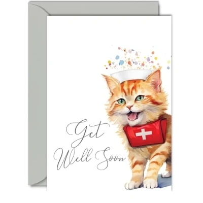 Image of Get Well Soon Cards for Women Cat Kitten Men, Speedy Recovery Card, A5 Greeting Brother Sister Mum Dad Auntie Uncle Colleague Best Friend