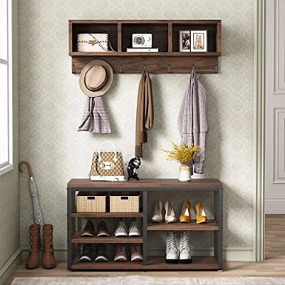 Image of Tribesigns Coat Shoe Stand, Insustrial Rack with Storage, Stand Bench and Rack, 3 Storage Cubbies, 7 Hooks for Entryway, Hallway, 5 in 1Design, Rustic Brown