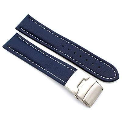 Image of Sulla Genuine Leather Watch Strap with Stainless Steel Deployment Clasp White Stitching, blue, 20mm, Strap.