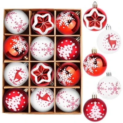 Image of Christmas Baubles, 12 Pcs Ball Ornaments,6cm/2.36&quot; Tree Decorations with Hooks,Glitter Finish Shatterproof Baubles Set, Hanging for Xmas Tree, Holiday, Wedding, Party