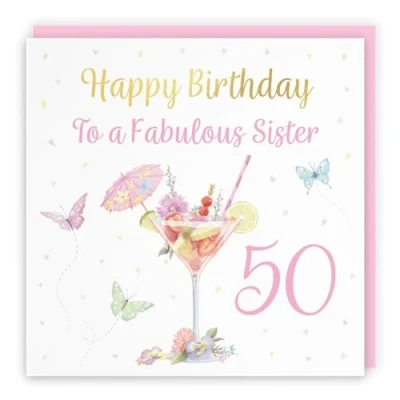 Image of Hunts England 50th Sister Pink Cocktail And Butterflies Birthday Card Luxury Gold Foil Milo&#039;s Gallery Age 50 Drinks, Flowers, Hearts Elegant For