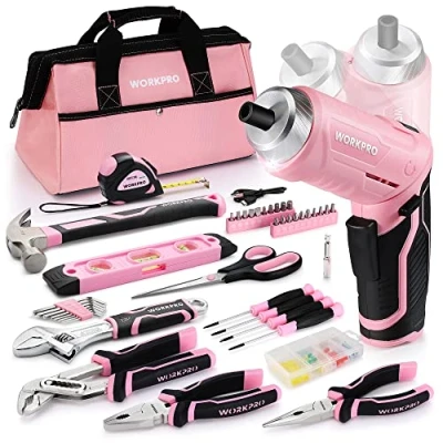 Image of WORKPRO 74 Piece Tool Set with Cordless 3.7V Screwdriver, Pink Kit Carrying Bag, for Home, Durable, Long Lasting Kit, Perfect DIY, Home Repair