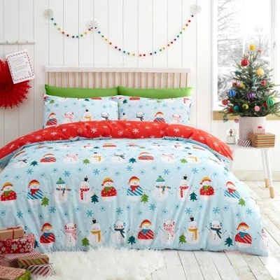 Image of Fusion Christmas Snowman Duvet Cover Double Bedding Size (200 x 200cm) Reversible (2 Designs) 2x Pillowcases Snowflake in Duck Egg/Red for Kids/Adults