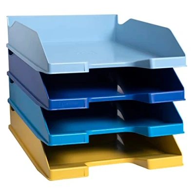 Image of Exacompta Ref. 113202SETD Set of 4 COMBO MIDI Bee Blue letter trays dimensions 34.6 x 25 24.3 cm for A4+ format documents Angel certified assorted colours
