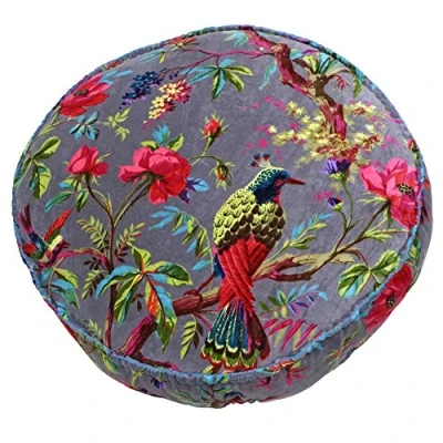 Image of Riva Paoletti Paradise Round Cushion Cover Mink Purple Colourful Bird Print Faux Velvet Fabric Blanket Stitched Edges 100% Cotton 50x50x12cm (20&quot;x20&quot;x5&quot; inches) Designed in the UK