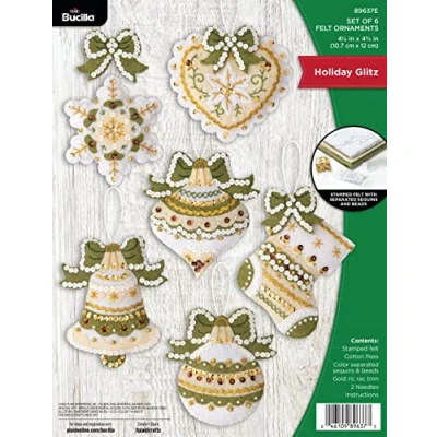 Image of Bucilla Holiday Glitz Set of 6 Felt Applique Ornament Making Kit, Perfect for DIY Arts and Crafts, 89637E