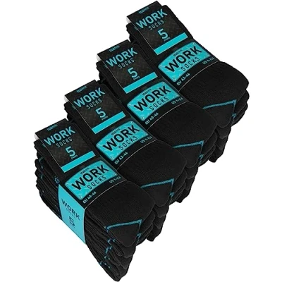 Image of BRUBAKER 20 Pairs of Men&#039;s WORK Socks for Optimum Grip at the Workplace Robust Functional Made Cotton Reinforced Heel and Toe Area Black Turquoise US Size 12.5 14