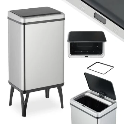 Image of Relaxdays Kitchen Bin with Sensor, 40 L, Automatic Lid, Waste Container, Rubbish Bag Holder, Stainless Steel, Silver, Plastic