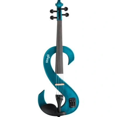 Image of Stagg Full Size 4/4 Electric Silent Violin Set with Bow, Hard Case, Strap, Stereo Headphones and Rosin, Metallic Blue, S Shape