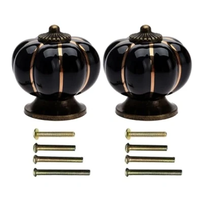 Image of 2 x Black Pumpkin Ceramic Door Handles Cupboard Dresser Drawer Kitchen Furniture Knob Vintage Style